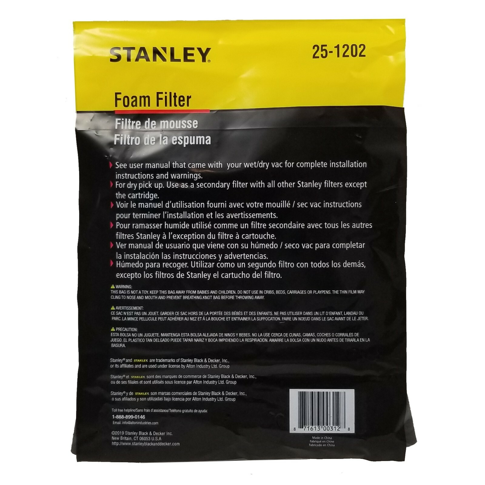 Stanley 25-1202 Foam Filter for 1-5 Gallon Wet/Dry Vacuums, 1-Pack ...