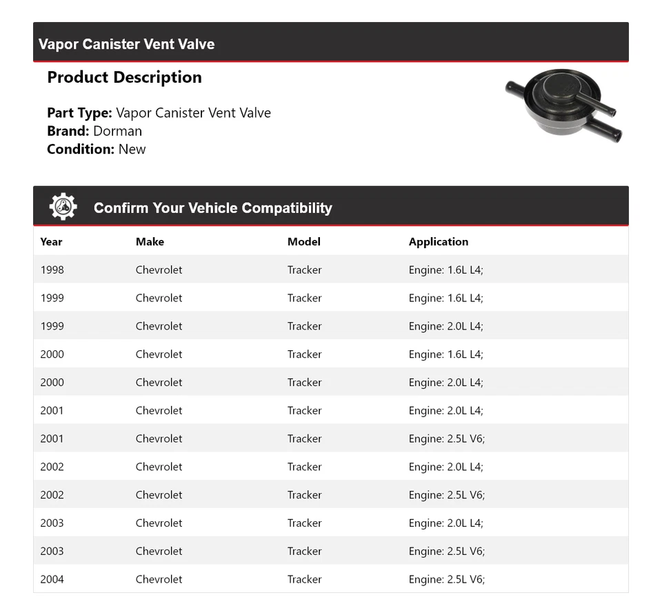 Válvula de ventilación de bote de vapor Chevrolet Tracker Dorman 1998-2004 1999 2000 2001 Foto 2 de 4