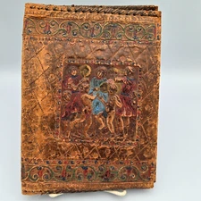 Vtg Old Italian Embossed Leather Journal Cover Cherubs Lion Scenes Distressed 9"