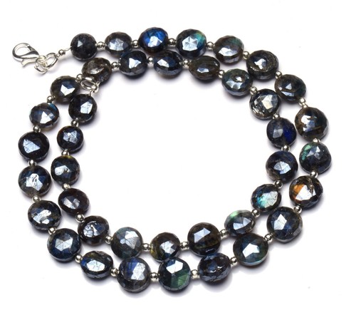 Natural Gem Coated Labradorite 8 to 11MM Faceted Coin Shape Beads Necklace 18" - 第 1/7 張圖片