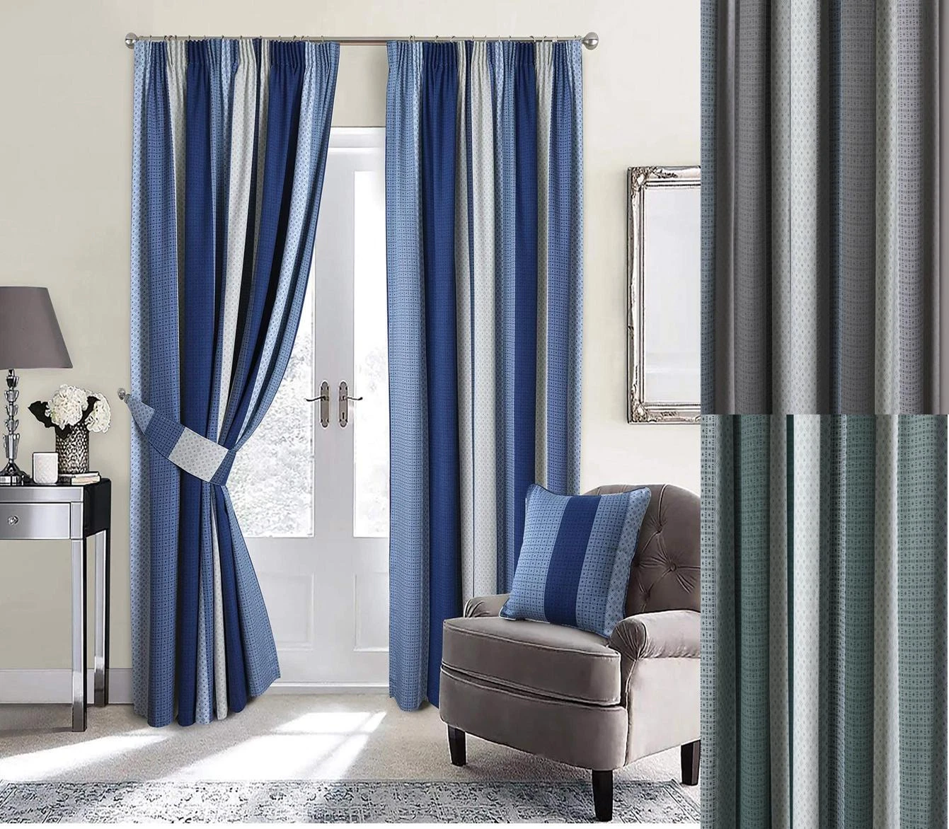 1 Pair SEVILLE Stripe 3" Pencil Pleat Header Lined Curtains Including Tiebacks