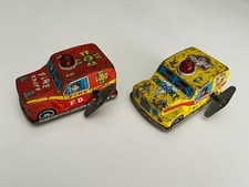Vintage Tin Litho Wind Up Fire Chief  Emergency Cars, Made In Japan
