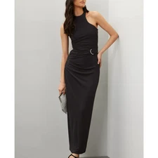Halston Black Tank Gown Size 8 Cocktail Bodycon Halter Chic Maxi Dress $545 Flaw