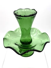 6" Verde Italian Empoli Glass Diamond 💎 Optic Single Horn Epergne Org Tag