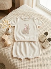Beige Knit Bunny Animal Print Short Sleeve Top & Shorts Set for Baby