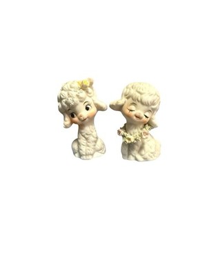 Pair 2 Vintage Lamb Napco Applied Flowers Bisque 2'' Miniature C-9579 Sheep