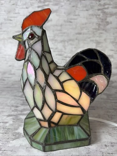 Vintage Rooster Chicken Table Lamp Night Light Tiffany Style Stained Glass 8.5”