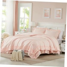 Pink Comforter Set 3Pcs Comforters Size Ruffle Farmhouse Bedding Queen Blush