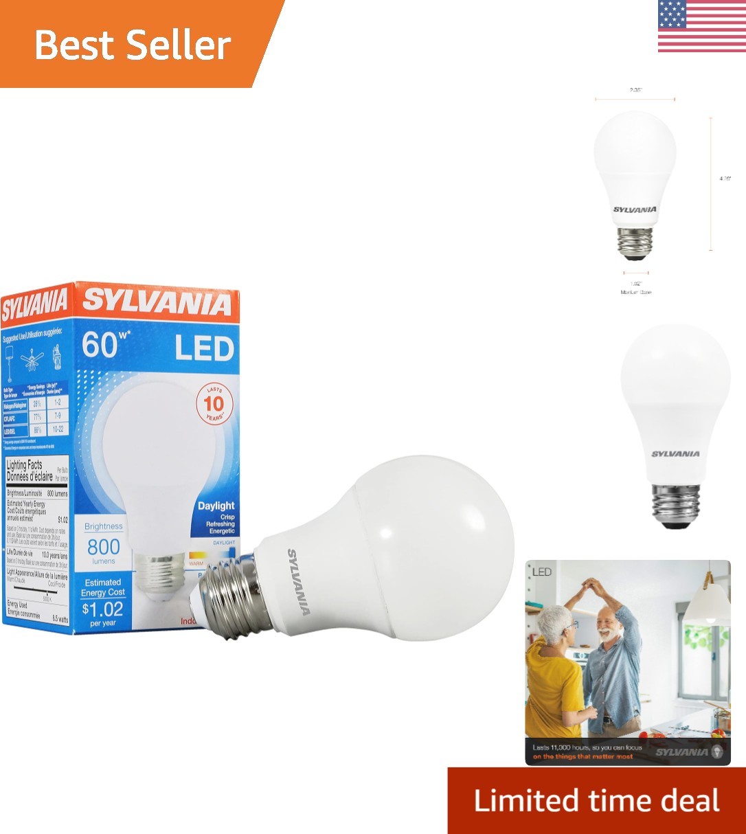 Energy-Saving Sylvania A19 LED Bulb 8.5W - 800 Lumens, Long-