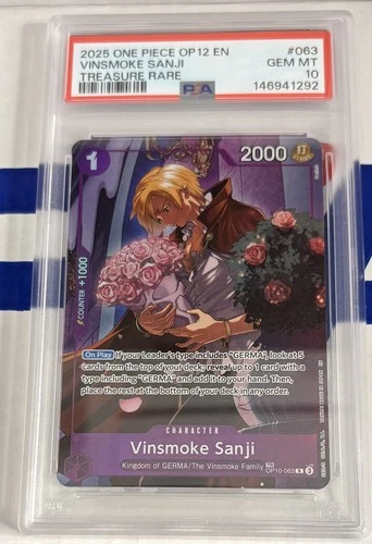 PSA 10 VINSMOKE SANJI ONE PIECE OP12 LEGACY OF THE MASTER TREASURE RARE OP10-063