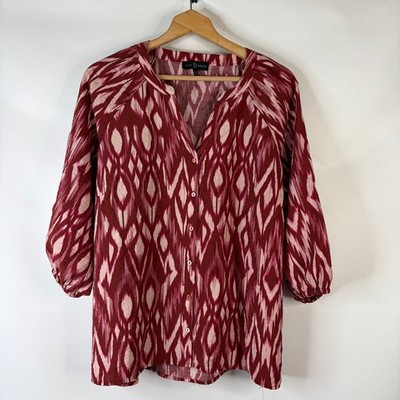 Fred David Womens Button Up Tunic Top Plus Size 2X Red Ikat Balloon 3/4 Sleeve