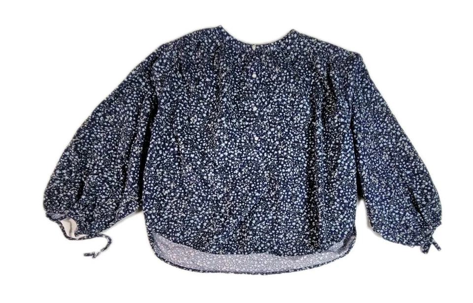 Top de pana azul marino antiguo manga larga gran tamaño cuello redondo para mujer talla grande floral Foto 2 de 4