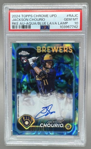 Jackson Chourio 2024 Topps Chrome Update Aqua Blue Lava RC Auto 60/175 PSA 10