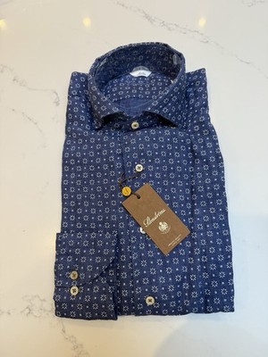Stenstroms Blue Patterned Slim Line Linen Shirt - Small - RRP £159 - Free Post