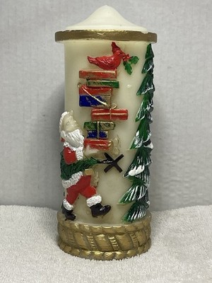 Vintage Christmas Santa Relief Pillar Candle Cardinal Pine Trees 8  Unused