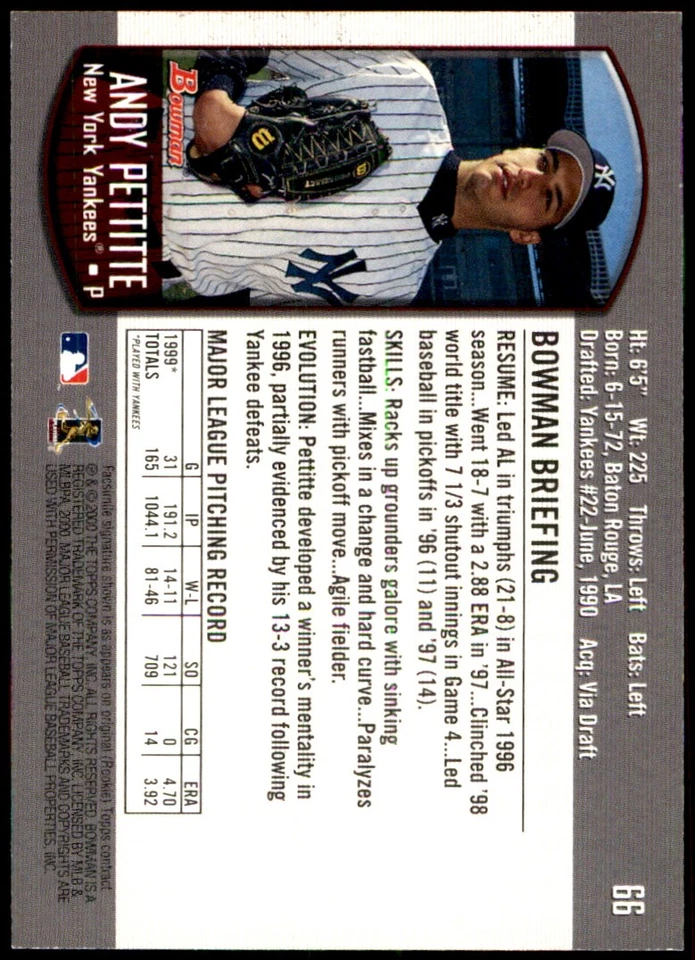 Andy Pettitte 2000 Bowman #66 Yankees MLB READ FREE SHIPPING AutographDen - Image 2 of 2