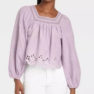 Universal Thread Women's S Lilac Embroidered Eyelet Blouse Top Boho Peasant