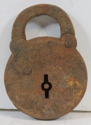 Vtg Excelsior Padlock Round Eight Lever Big Old Rusty Primitive No Key Junk