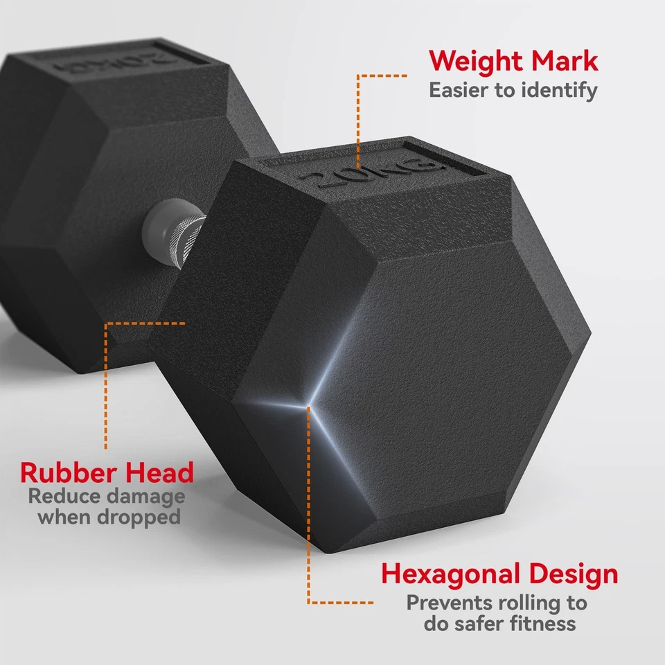 20kg Hex Rubber Dumbbell Encased Ergo Weights for Home Exercise Gym Fitness, photo 3 of 5