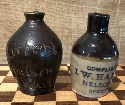 ANTIQUE PAIR MINIATURE HARPER NELSON CO STONEWARE WHISKEY JUGS KENTUCKY