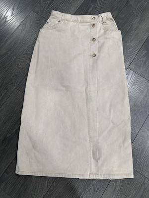 Vintage 90s Vivaldi Jeanswear Cotton Denim Midi Skirt Button Front Sz 8 BeigeUSA