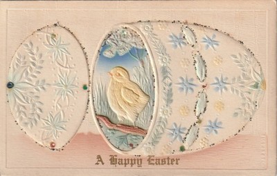 Vintage Postcard Embossed A chick hatched from decorated egg, A Happy Easter