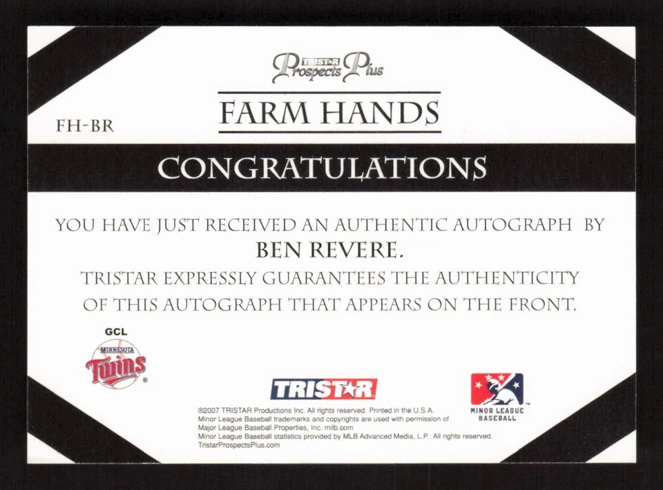 Ben Revere 2007 TriStar Auto Prospects Plus Farm Hands Autograph Twins FH-BR - Image 2 of 2