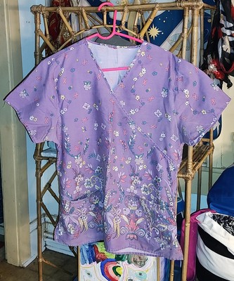 Denice Nurse Scrubs Purple Flowers Top Adjustable Waist Size Large