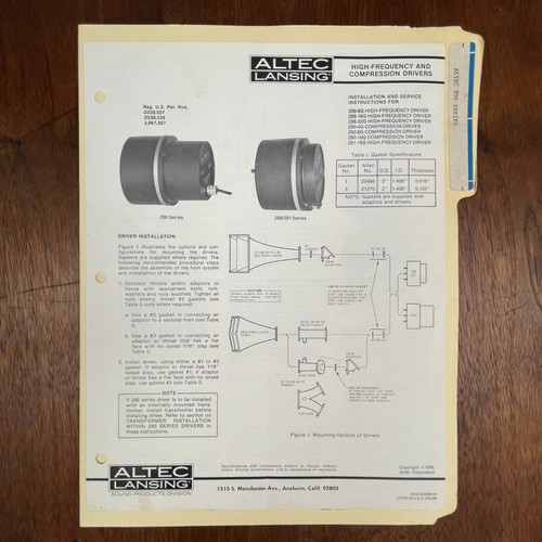 VINTAGE ALTEC 290 HIGH FREQ AND COMPRESSION DRIVERS INSTALLATION AND SCHEMATICS