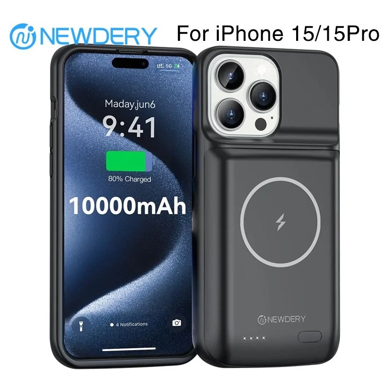 NEWDERY 10000mAh Battery Charger Case for iPhone 15/15 Pro External Battery Pack