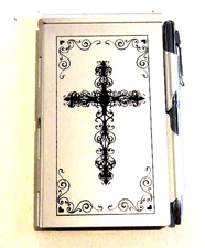 "My Notes" Cross Design Silver Pocket Size Metal Case Of Note Pad With Pen -NWOT