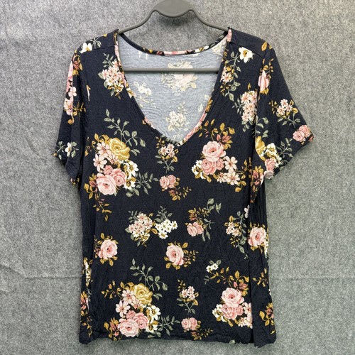 24/7 Women's Black Floral V-Neck Top Size XL Rayon Blend | eBay