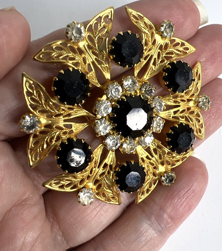 Spilla Vintage Abbagliante Firmata Celebrity N.Y. Strass Nero 2" Dichiarazione Tono Oro - Foto 3 di 5