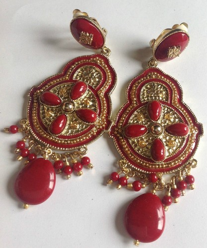 Boucles D'oreilles Clips Vintage Or Et Rouge - Style Ancien Avec Pampilles, Occasion - Bijou Fantaisie Rétro