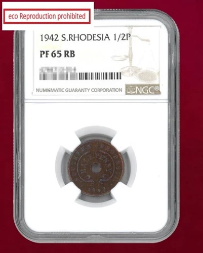 Southern Rhodesia 1/2 penny bronze coin 1942  NGC PF 65 RB