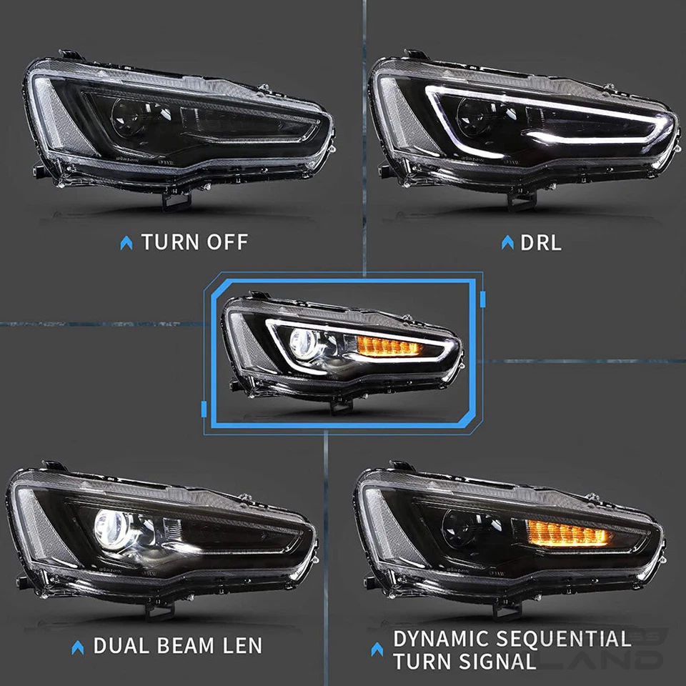 VLAND FULL Black LED Headlight For 2008-2019 Mitsubishi Lancer Front Lamps LH+RH - image 3 of 4