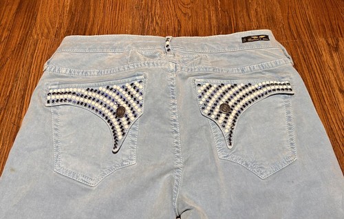 Robins Jeans Blue White Rhinestone Studs Metal Rivets Long Flap Label Size 31 - Picture 9 of 10
