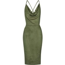 Rare London Faux Suede Cowl Neck Dress Khaki UK 10 LN043 MM 06