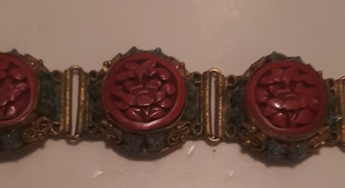 Antique Chinese Cinnabar and Brass Floral Filigree Bracelet 7" Long - Picture 4 of 10