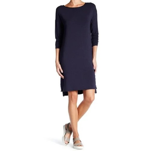 VESTIDO VINTAGE COSTERO AZUL CUERO CUELLO REDONDO MANGA LARGA JERSEY MODAL HI LO XXS - Imagen 2 de 11