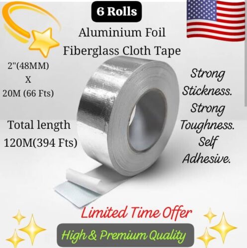 6 Rolls 2" X 20M Aluminum Foil Fiberglass Cloth Duct Tape HVAC Heat Resistant 3M