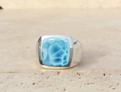 Solid 925 Sterling Silver Natural Dominican Larimar Gemstone Signet Men's Ring