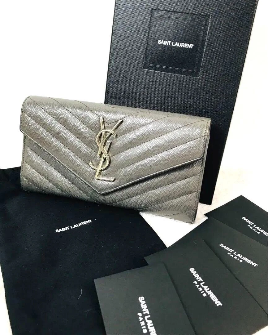 Saint Laurent Long Wallet YSL Monogram Large Flap Gray Leather with BOX  & Pouch