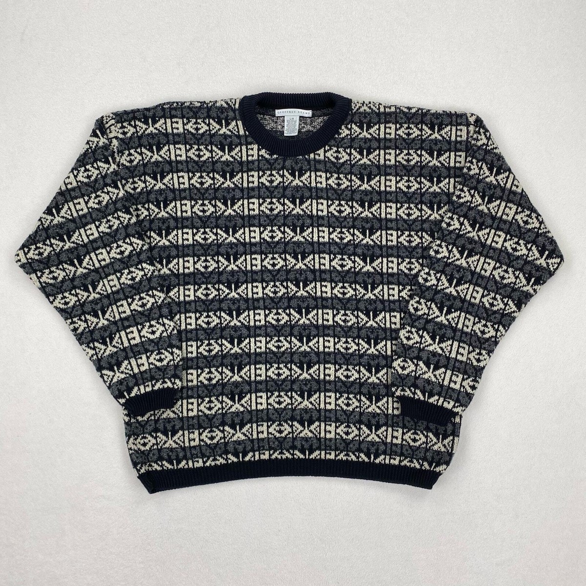 Vintage Geoffrey Beene Sweater Size Large Black Grey Patterned Crewneck  Grandpa