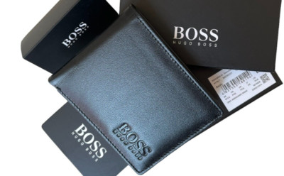 Neue Hugo Boss Herren schmale Echtleder Geldbörse für Kreditkarte, Scheine & Münzen