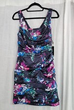 NWT Express Satin Mini Dress Black/Blue/ Green/Purple Floral Ruched Size 4 Issue