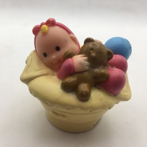 Fisher Price Little People Baby Pink Girl in Yellow Basket w/ Teddy Bear 2001