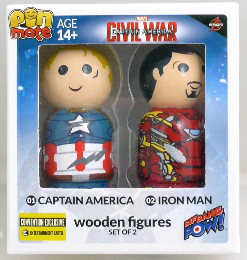 Paquete de 2 figuras de madera Capitán América Civil War Pin Mate Bif Bang Pow 05154 Foto 2 de 4