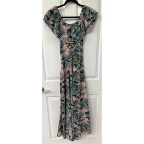 Nuon by Westside Pink tropical Medium Maxi tie waist off shoulder ruffle $199 