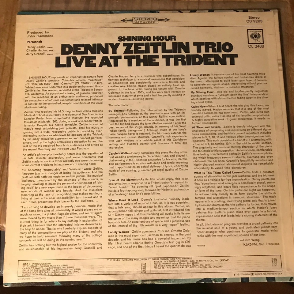 DENNY ZEITLIN SHINING HOUR LIVE AT THE TRIDENT-COLUMBIA CS 9363 JAZZ 1966 VG++ - Image 2 of 4